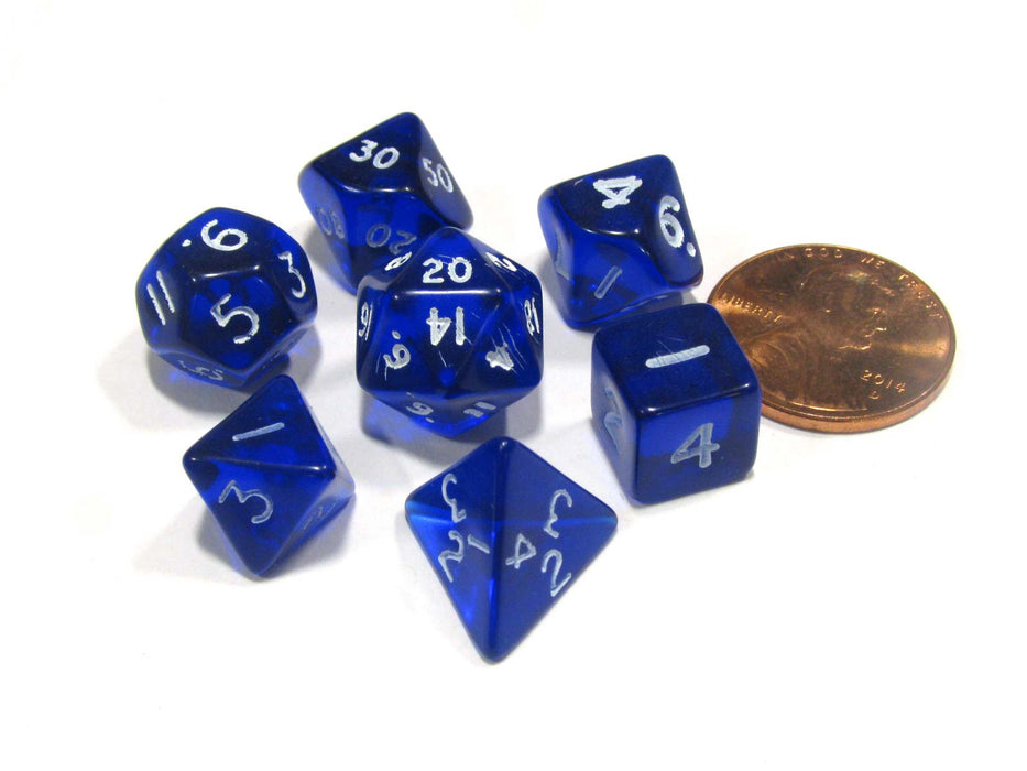 Polyhedral 7 Piece Dice Set Transparent Small 10mm Mini Die - Blue with White