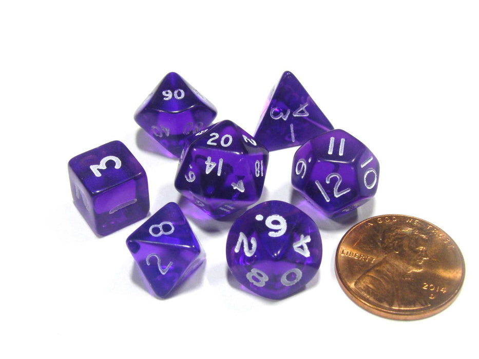 Polyhedral 7 Piece Dice Set Transparent Small 10mm Mini Die - Purple with White