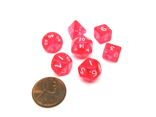 Polyhedral 7 Piece Dice Set Transparent Small 10mm Mini Die - Pink with White