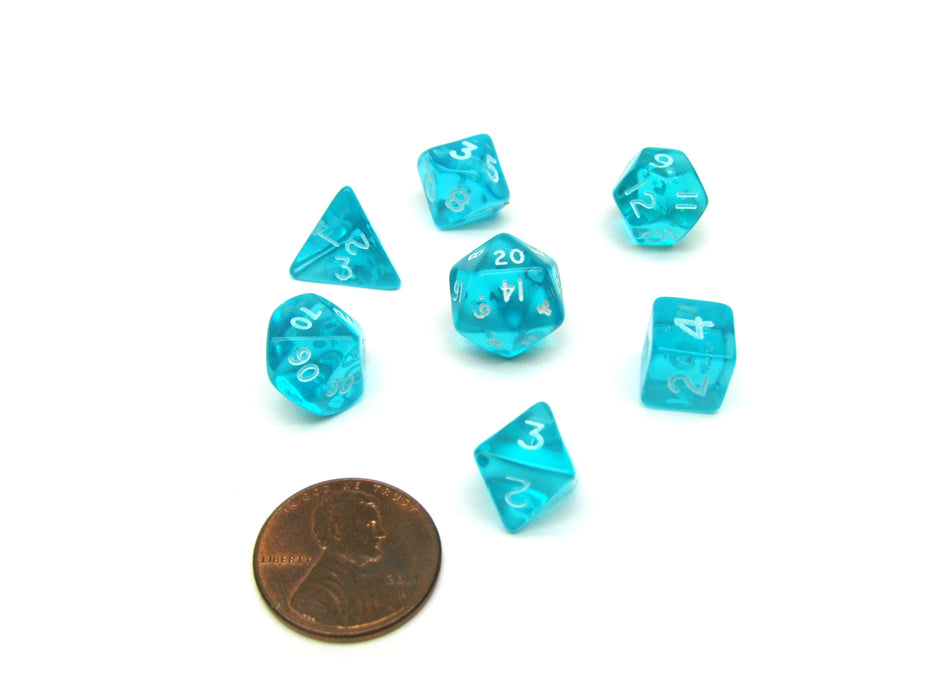 Polyhedral 7 Piece Dice Set Transparent Small 10mm Mini Die - Teal with White