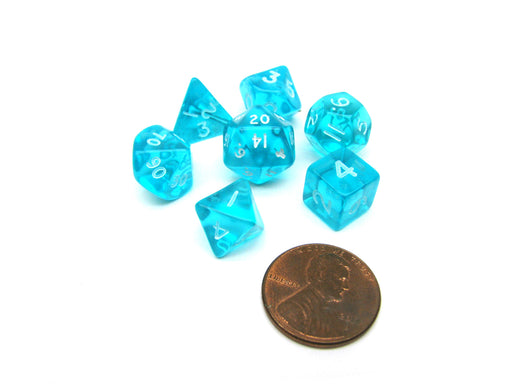 Polyhedral 7 Piece Dice Set Transparent Small 10mm Mini Die - Teal with White