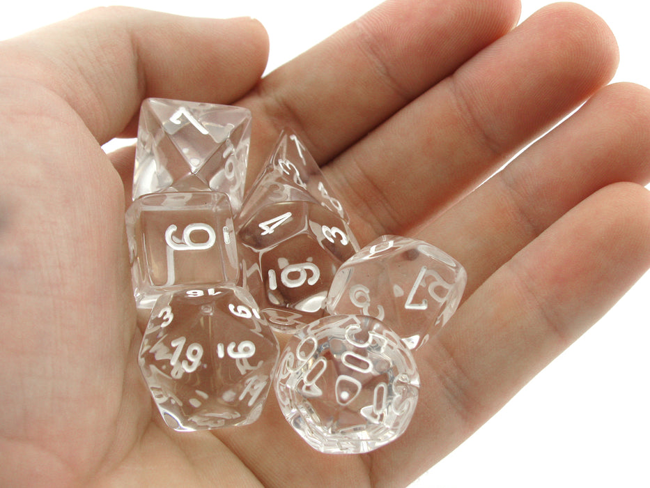 Polyhedral 7-Die Translucent Chessex Dice Set - Clear with White Numbers