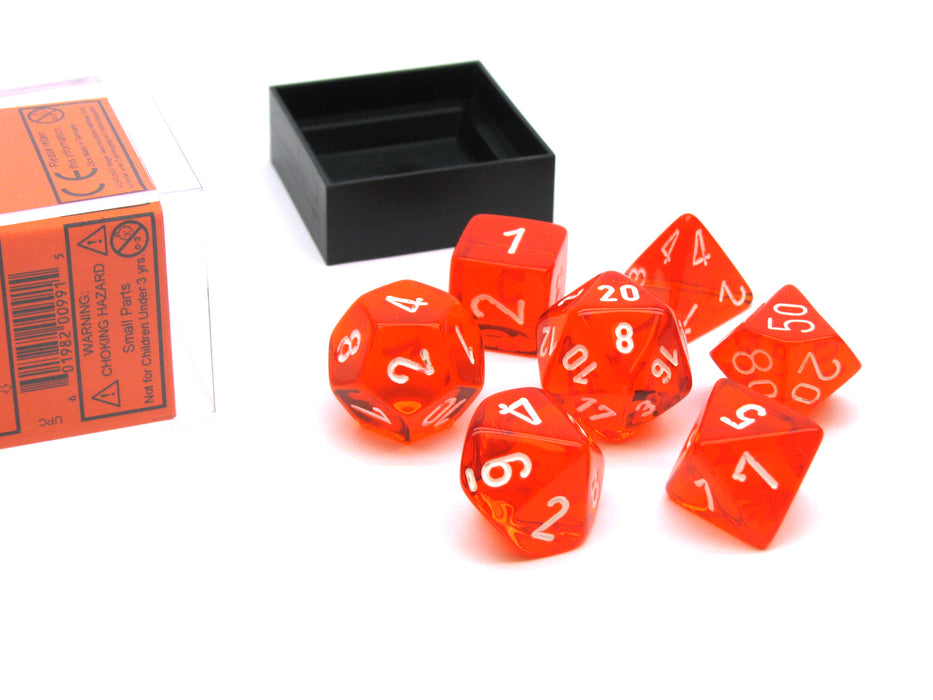 Polyhedral 7-Die Translucent Chessex Dice Set - Orange with White Numbers