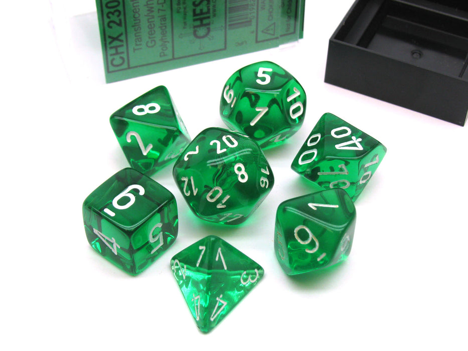Polyhedral 7-Die Translucent Chessex Dice Set - Green with White Numbers