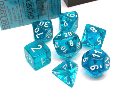 Polyhedral 7-Die Translucent Chessex Dice Set - Teal with White Numbers