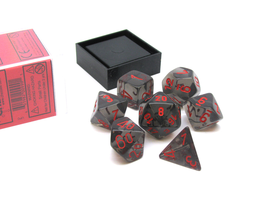 Polyhedral 7-Die Translucent Chessex Dice Set - Smoke with Red Numbers