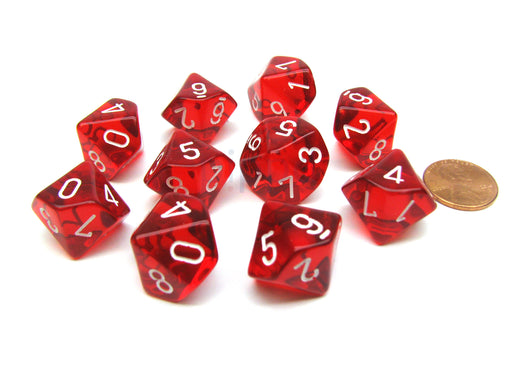 Pack Of 10 Chessex Translucent 10 Sided D10 Dice - Red with White Numbers