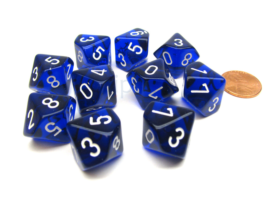 Pack Of 10 Chessex Translucent 10 Sided D10 Dice - Blue with White Numbers