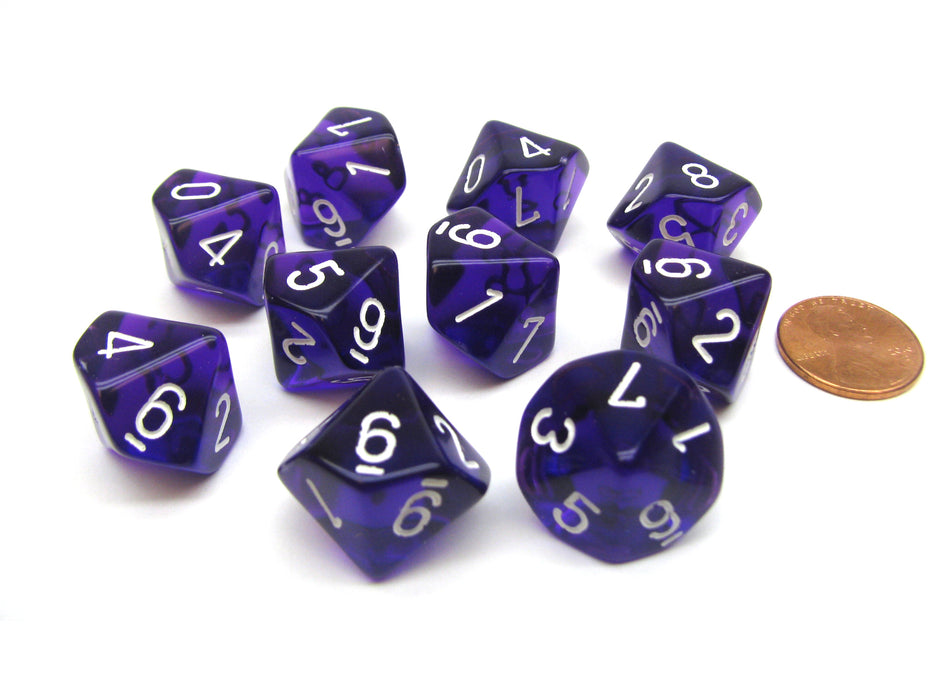 Pack Of 10 Chessex Translucent 10 Sided D10 Dice - Purple with White Numbers