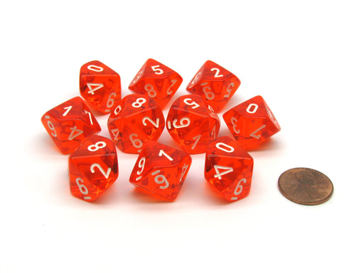 Translucent 16mm D10 (0-9) Chessex Dice, 10 Pieces - Orange with White Numbers
