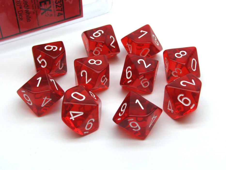 Pack of 10 Translucent Chessex 10-Sided D10 Dice - Red with White Numbers