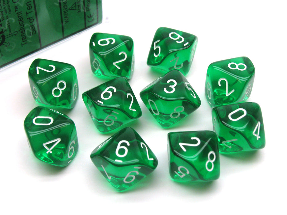 Pack of 10 Translucent Chessex 10-Sided D10 Dice - Green with White Numbers