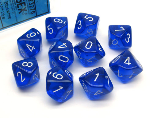 Pack of 10 Translucent Chessex 10-Sided D10 Dice - Blue with White Numbers