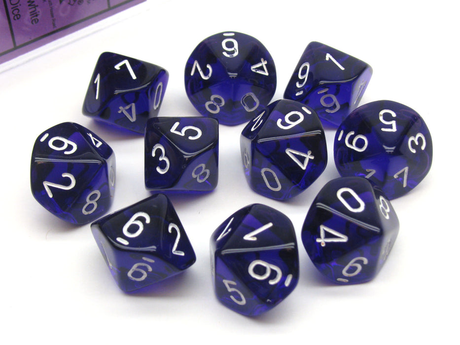 Pack of 10 Translucent Chessex 10-Sided D10 Dice - Purple with White Numbers