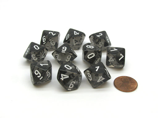 Translucent 16mm D10 (0-9) Chessex Dice, 10 Pieces - Smoke with White Numbers