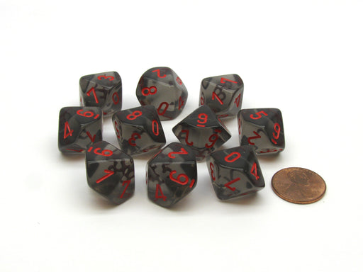 Translucent 16mm D10 (0-9) Chessex Dice, 10 Pieces - Smoke with Red Numbers