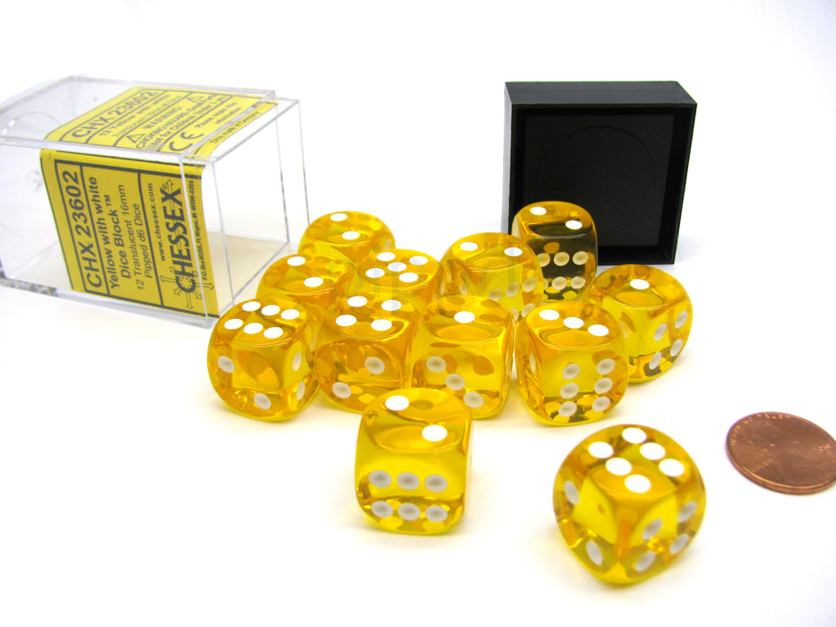 Translucent 16mm D6 Chessex Dice Block (12 Die) - Yellow with White Pips