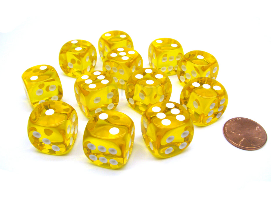 Translucent 16mm D6 Chessex Dice Block (12 Die) - Yellow with White Pips