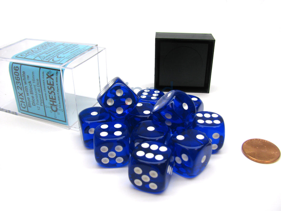 Translucent 16mm D6 Chessex Dice Block (12 Die) - Blue with White Pips