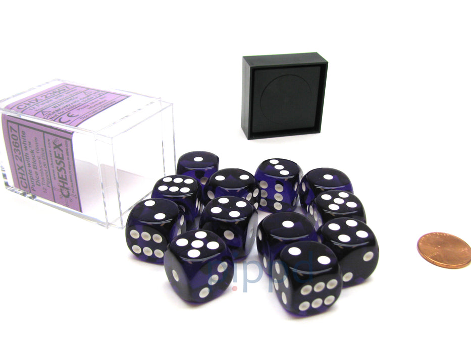 Translucent 16mm D6 Chessex Dice Block (12 Die) - Purple with White Pips
