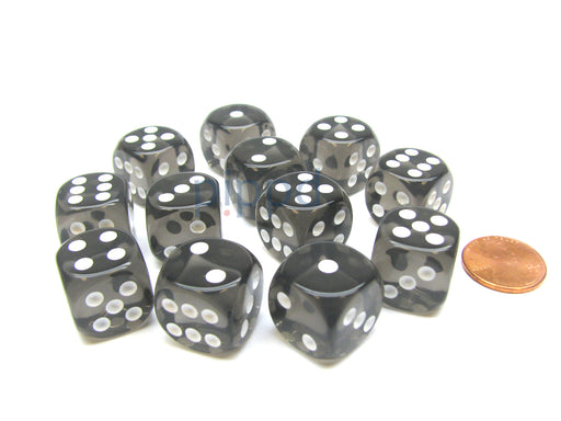 Translucent 16mm D6 Chessex Dice Block (12 Die) - Smoke with White Pips