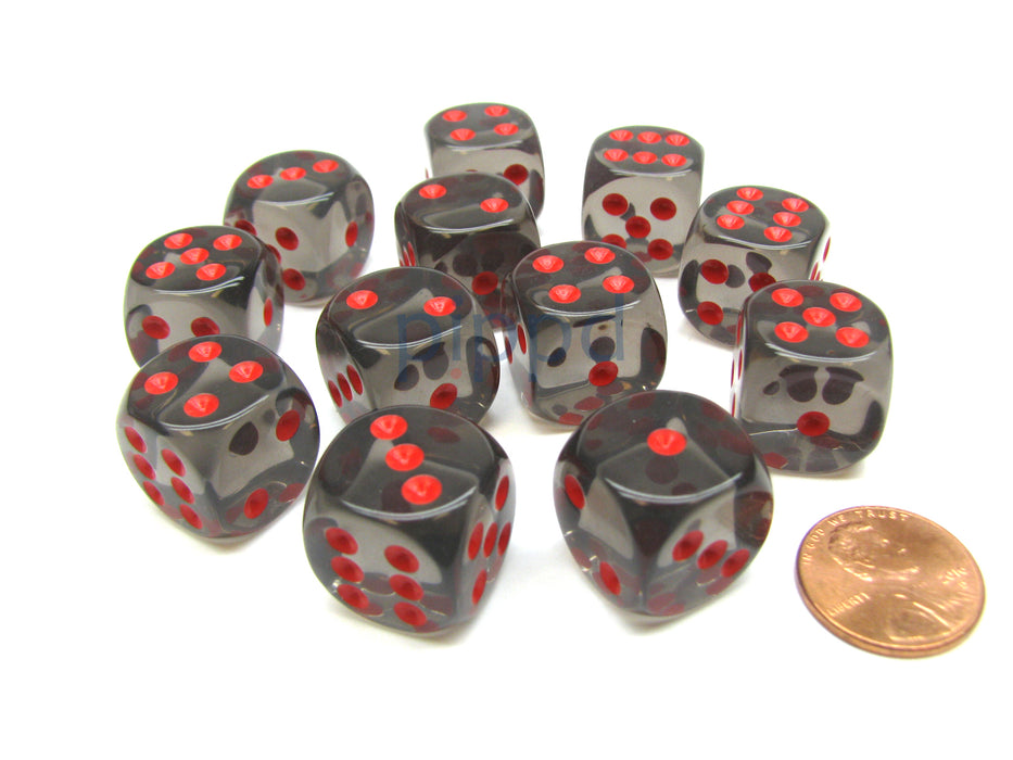 Translucent 16mm D6 Chessex Dice Block (12 Die) - Smoke with Red Pips