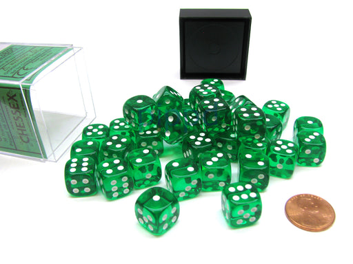 Translucent 12mm D6 Chessex Dice Block (36 Die) - Green with White Pips