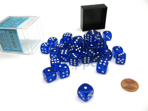 Translucent 12mm D6 Chessex Dice Block (36 Die) - Blue with White Pips