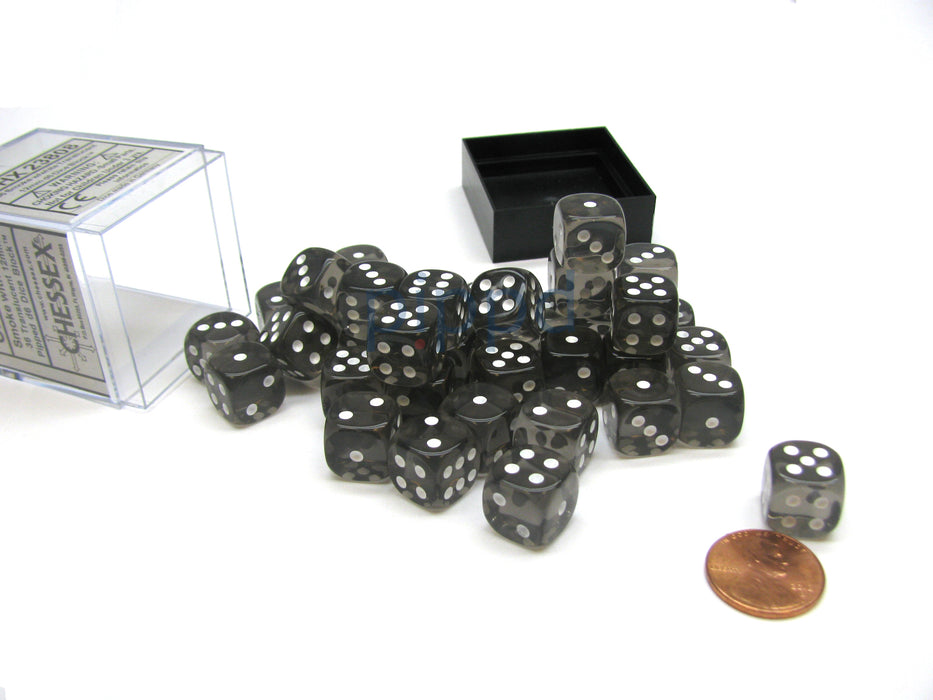 Translucent 12mm D6 Chessex Dice Block (36 Die) - Smoke with White Pips