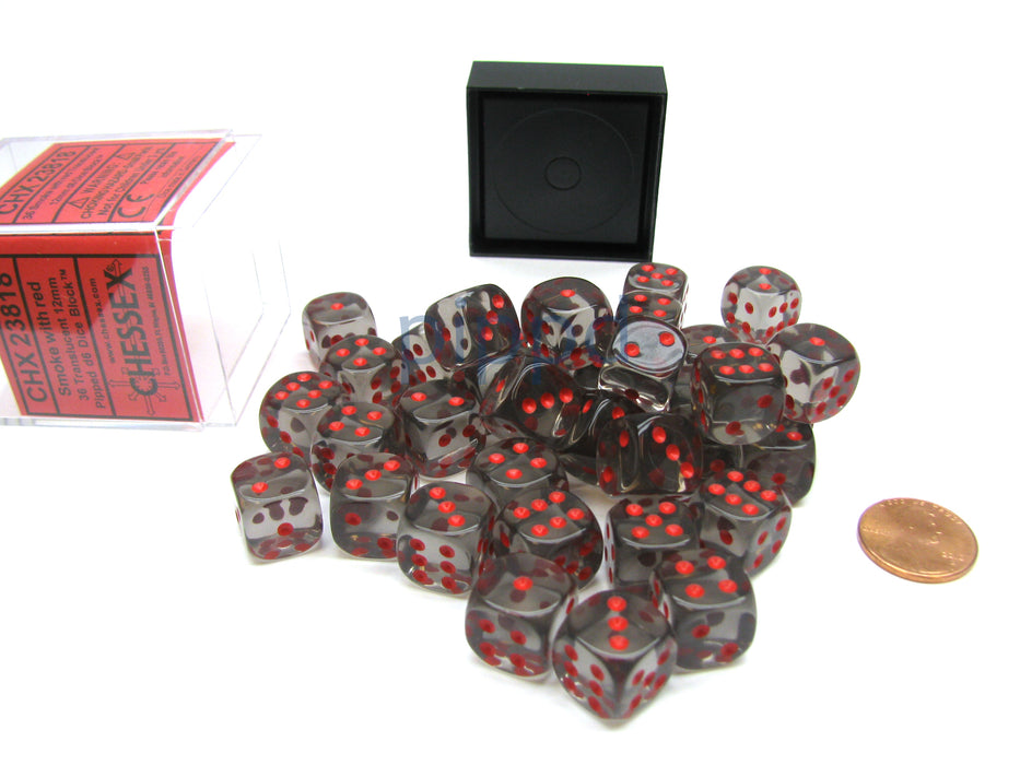 Translucent 12mm D6 Chessex Dice Block (36 Die) - Smoke with Red Pips