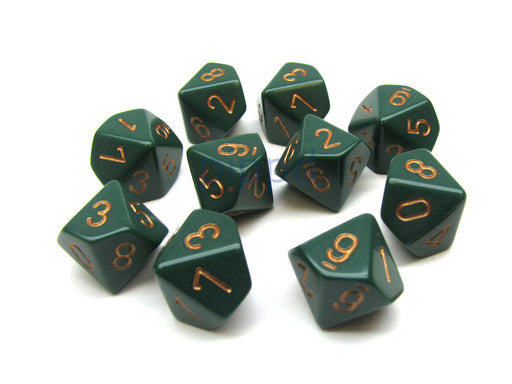 Pack Of 10 Chessex Opaque 10 Sided D10 Dice - Dusty Green with Copper Numbers