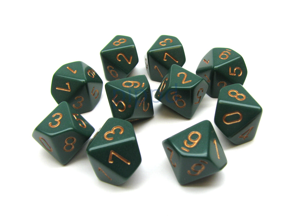 Pack Of 10 Chessex Opaque 10 Sided D10 Dice - Dusty Green with Copper Numbers