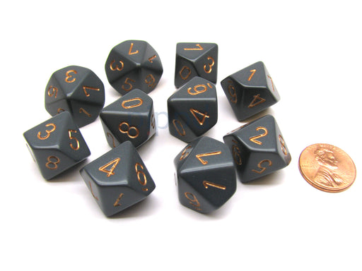 Pack Of 10 Chessex Opaque 10 Sided D10 Dice - Dark Grey with Copper Numbers