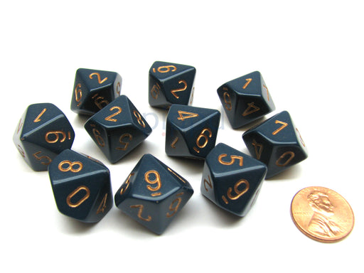 Pack Of 10 Chessex Opaque 10 Sided D10 Dice - Dusty Blue with Copper Numbers