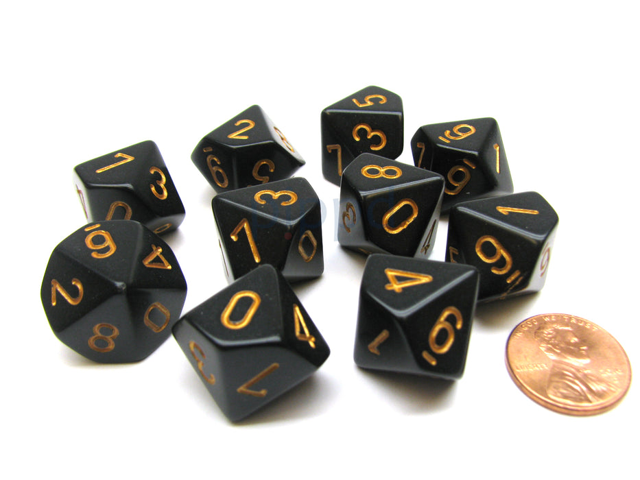 Pack Of 10 Chessex Opaque 10 Sided D10 Dice - Black with Gold Numbers
