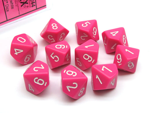 Pack of 10 Opaque Chessex 10-Sided D10 Dice - Pink with White Numbers