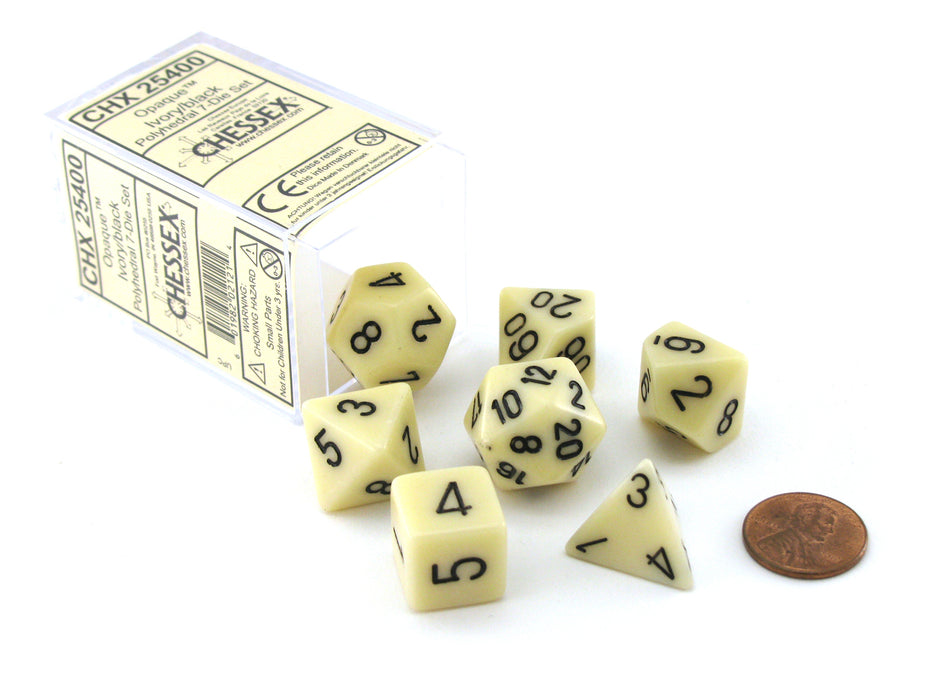 Polyhedral 7-Die Opaque Chessex Dice Set - Ivory with Black Numbers
