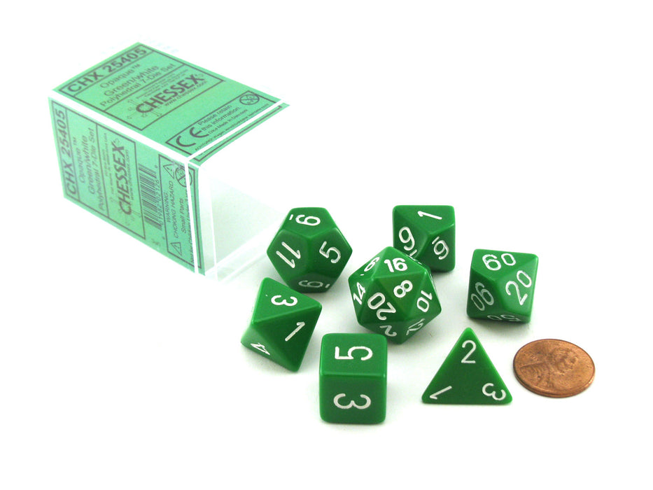 Polyhedral 7-Die Opaque Chessex Dice Set - Green with White Numbers