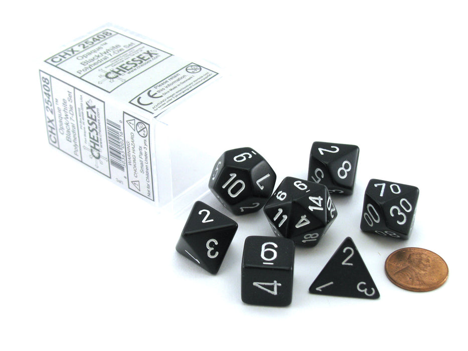 Polyhedral 7-Die Opaque Chessex Dice Set - Black with White Numbers