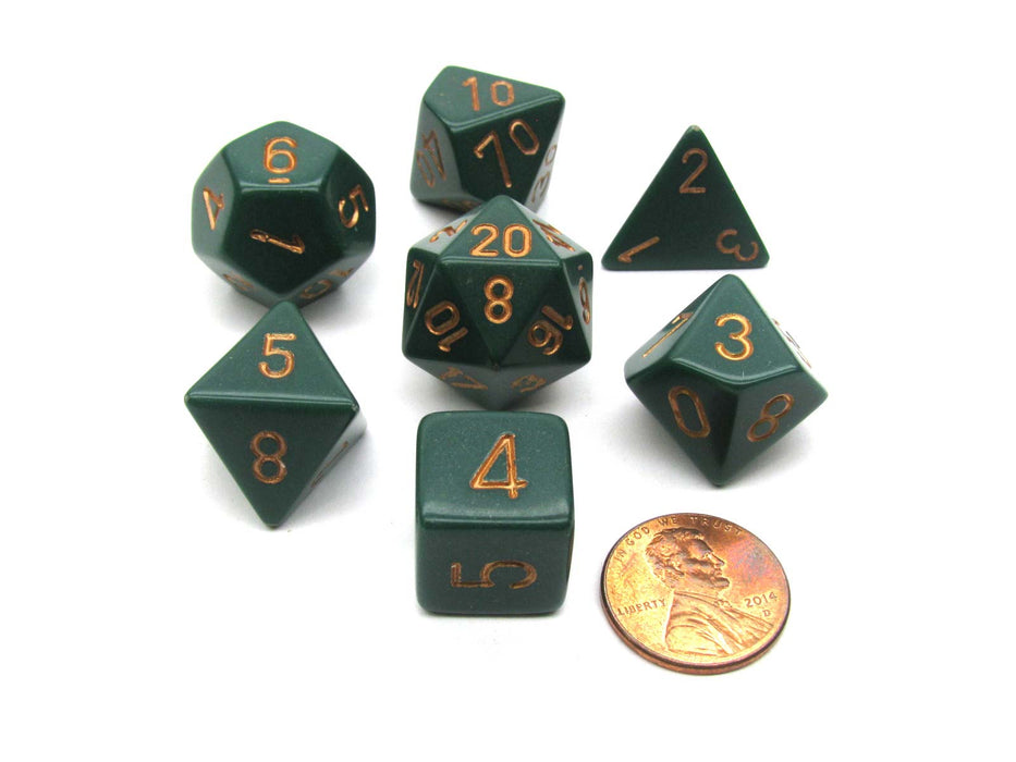 Polyhedral 7-Die Opaque Chessex Dice Set - Dusty Green with Copper Numbers