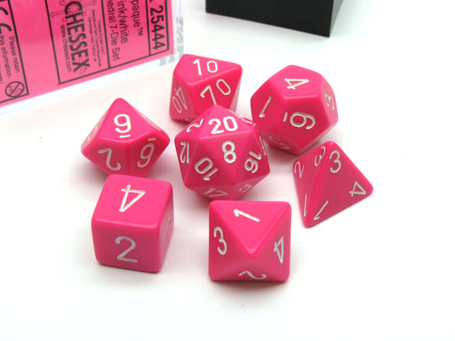 Polyhedral 7-Die Opaque Chessex Dice Set - Pink with White Numbers