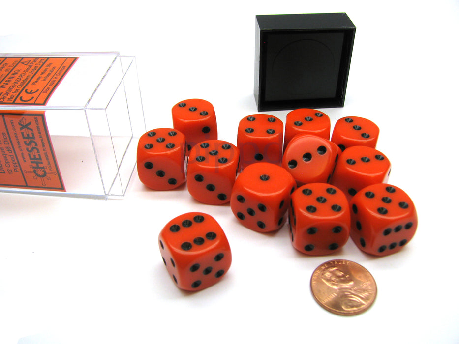 Opaque 16mm D6 Chessex Dice Block (12 Die) - Orange with Black Pips