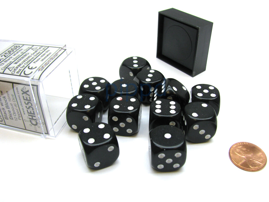 Opaque 16mm D6 Chessex Dice Block (12 Die) - Black with White Pips