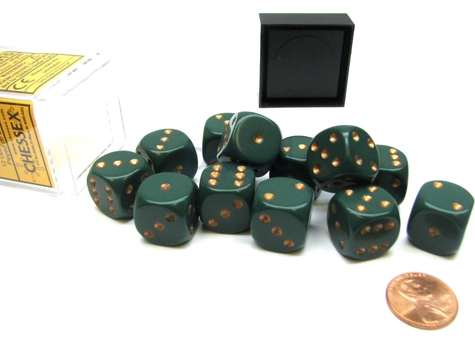 Opaque 16mm D6 Chessex Dice Block (12 Die) - Dusty Green with Copper Pips