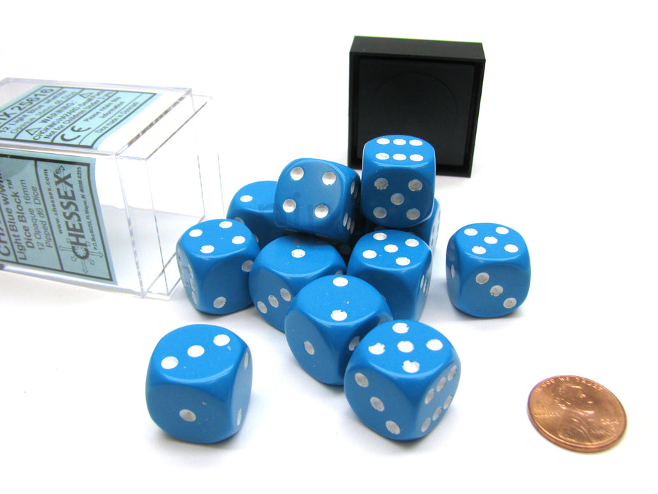 Opaque 16mm D6 Chessex Dice Block (12 Die) - Light Blue with White Pips