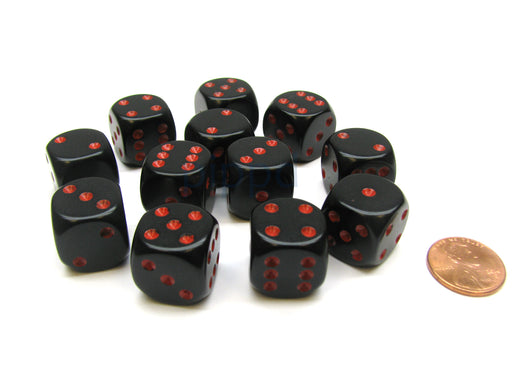 Opaque 16mm D6 Chessex Dice Block (12 Die) - Black with Red Pips