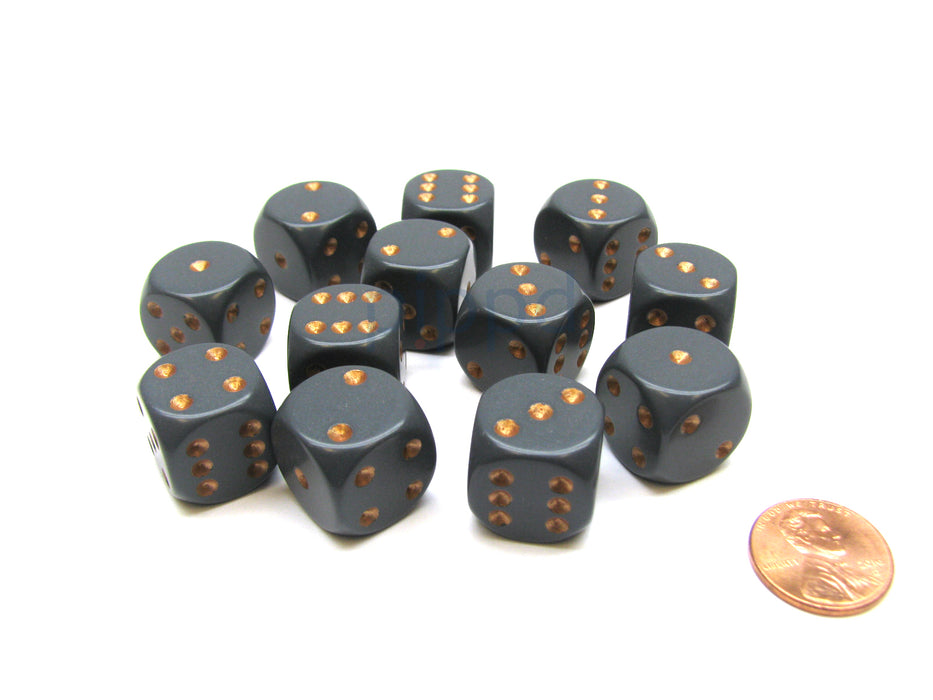 Opaque 16mm D6 Chessex Dice Block (12 Die) - Dark Grey with Copper Pips