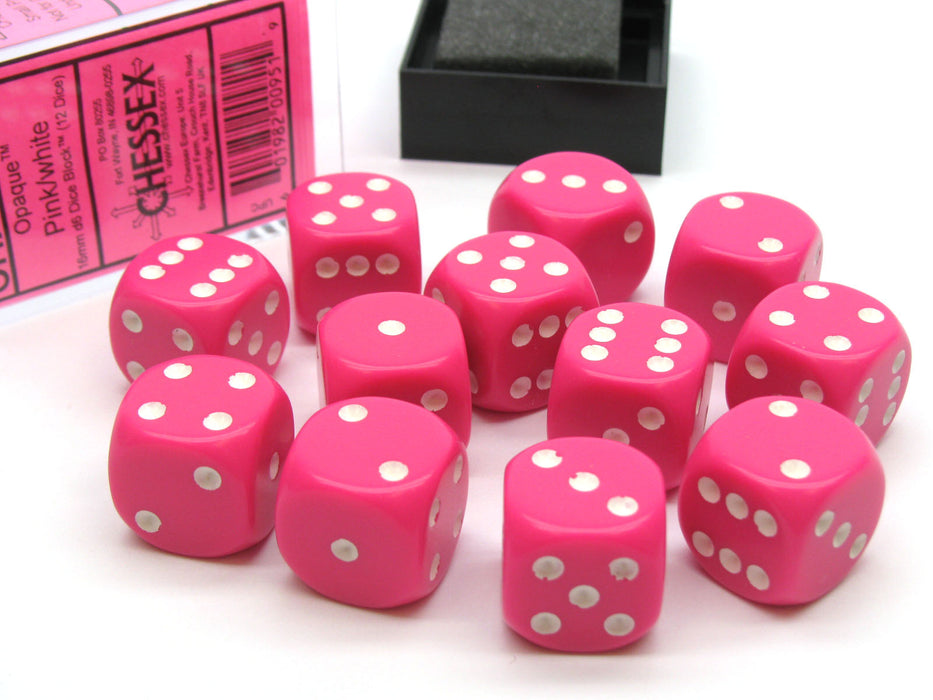 Opaque 16mm D6 Chessex Dice Block (12 Die) - Pink with White Pips