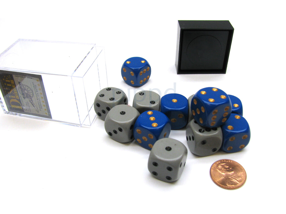 Opaque 16mm D6 Dixie Dice Block (12 Die) - 6 Blue w/ Yellow, 6 Gray w/ Black