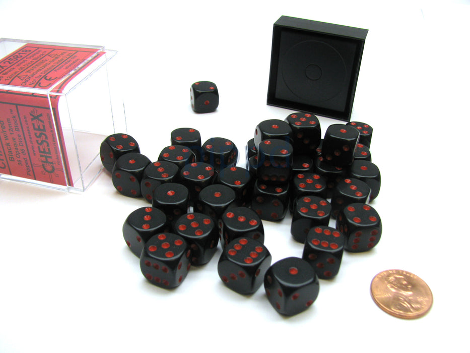 Opaque 12mm D6 Chessex Dice Block (36 Die) - Black with Red Pips